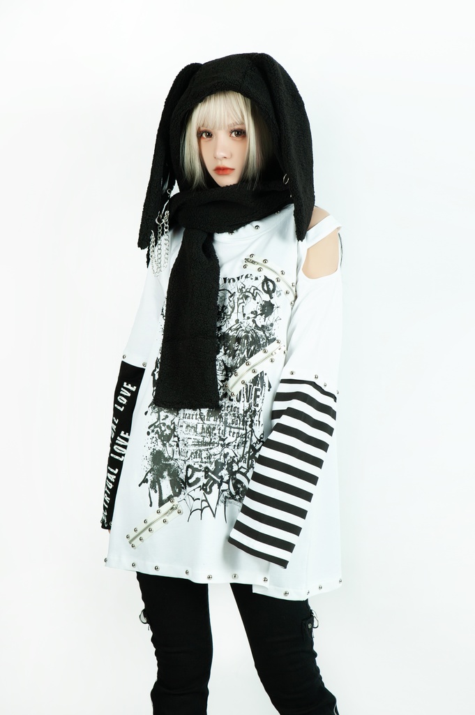 Jillpunkパンクロック ヴィジュアル系 悪魔の罠 ワンショルダー 肩出し スダッズチャック付き ボーダー柄 ゆったり 長袖Tシャツ カットソー オリジナル メンズ レディー V系 おしゃれ V系 男女兼用ファッション