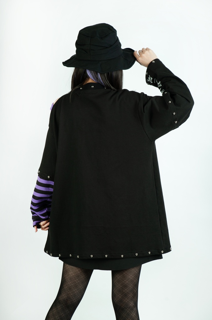 Jillpunkパンクロック ヴィジュアル系 悪魔の罠 ワンショルダー 肩出し スダッズチャック付き ボーダー柄 ゆったり 長袖Tシャツ カットソー オリジナル メンズ レディー V系 おしゃれ V系 男女兼用ファッション