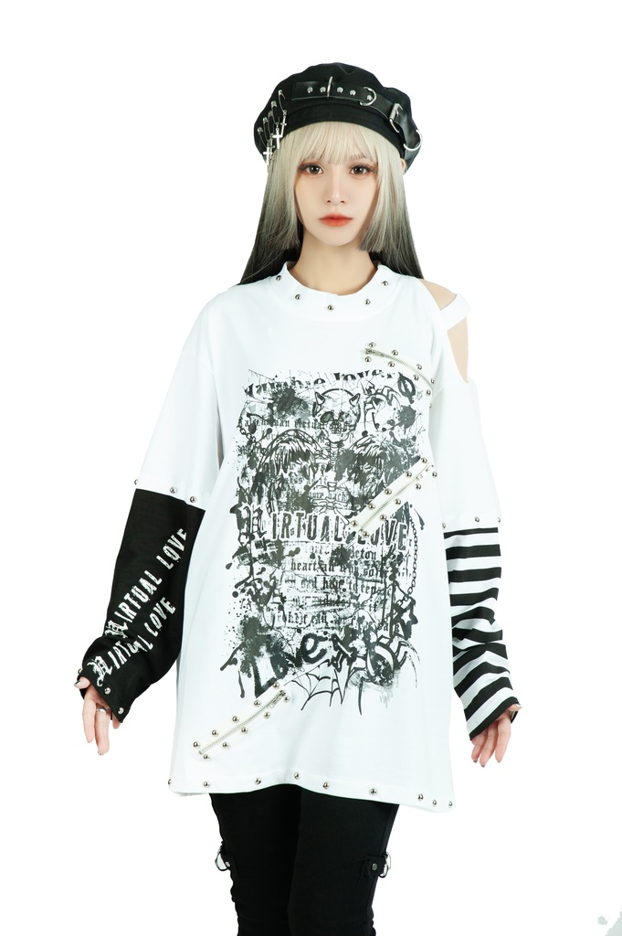 Jillpunkパンクロック ヴィジュアル系 悪魔の罠 ワンショルダー 肩出し スダッズチャック付き ボーダー柄 ゆったり 長袖Tシャツ カットソー オリジナル メンズ レディー V系 おしゃれ V系 男女兼用ファッション