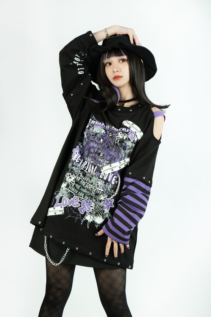 Jillpunkパンクロック ヴィジュアル系 悪魔の罠 ワンショルダー 肩出し スダッズチャック付き ボーダー柄 ゆったり 長袖Tシャツ カットソー オリジナル メンズ レディー V系 おしゃれ V系 男女兼用ファッション