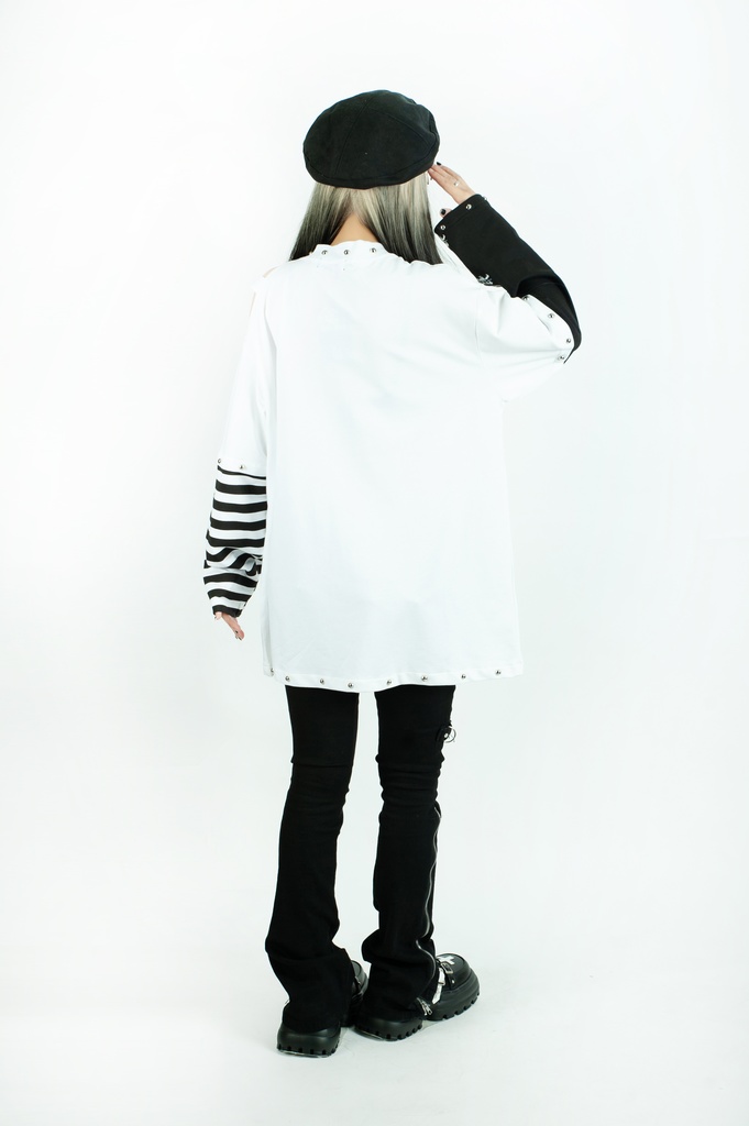 Jillpunkパンクロック ヴィジュアル系 悪魔の罠 ワンショルダー 肩出し スダッズチャック付き ボーダー柄 ゆったり 長袖Tシャツ カットソー オリジナル メンズ レディー V系 おしゃれ V系 男女兼用ファッション