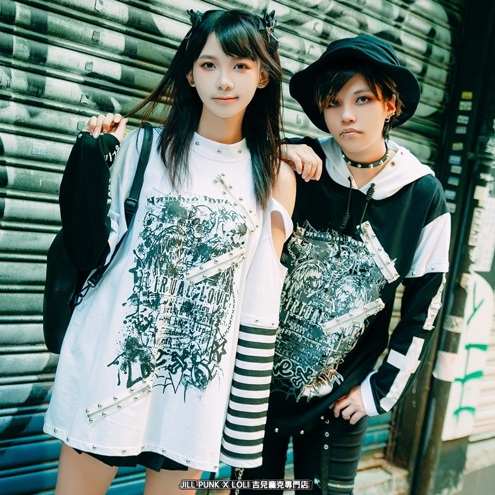 Jillpunkパンクロック ヴィジュアル系 悪魔の罠 ワンショルダー 肩出し スダッズチャック付き ボーダー柄 ゆったり 長袖Tシャツ カットソー オリジナル メンズ レディー V系 おしゃれ V系 男女兼用ファッション