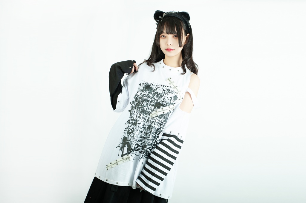 Jillpunkパンクロック ヴィジュアル系 悪魔の罠 ワンショルダー 肩出し スダッズチャック付き ボーダー柄 ゆったり 長袖Tシャツ カットソー オリジナル メンズ レディー V系 おしゃれ V系 男女兼用ファッション