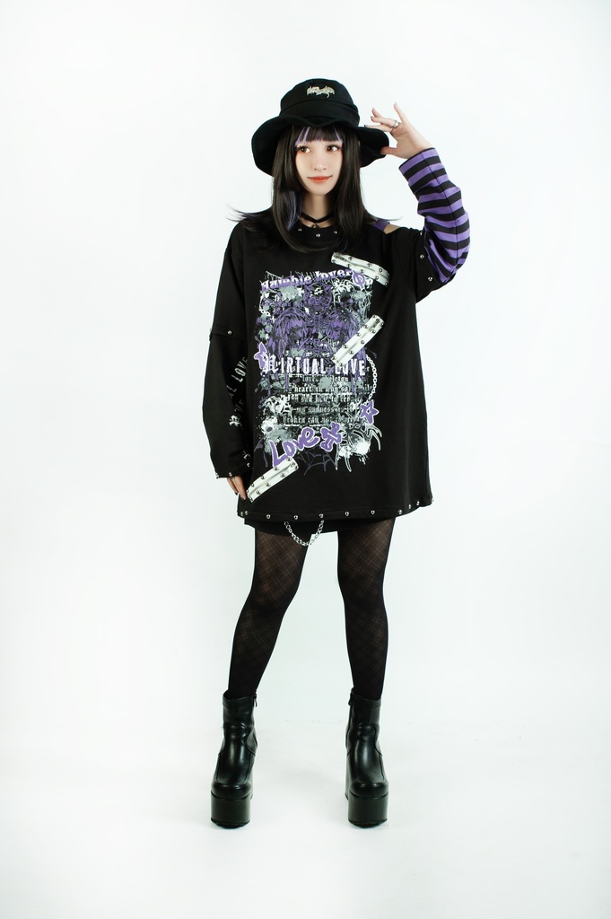 Jillpunkパンクロック ヴィジュアル系 悪魔の罠 ワンショルダー 肩出し スダッズチャック付き ボーダー柄 ゆったり 長袖Tシャツ カットソー オリジナル メンズ レディー V系 おしゃれ V系 男女兼用ファッション