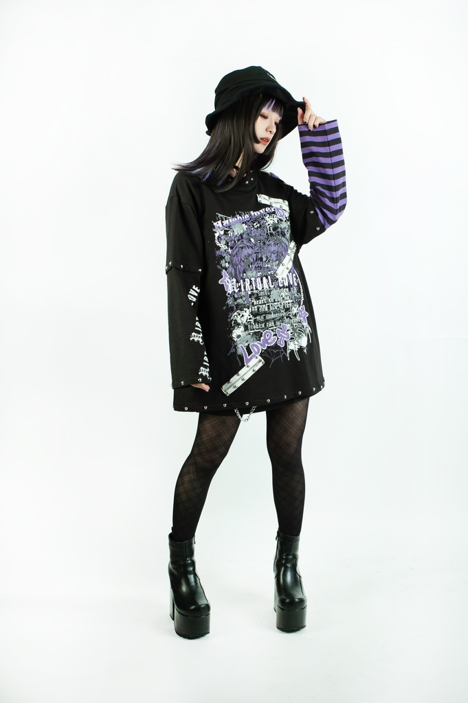 Jillpunkパンクロック ヴィジュアル系 悪魔の罠 ワンショルダー 肩出し スダッズチャック付き ボーダー柄 ゆったり 長袖Tシャツ カットソー オリジナル メンズ レディー V系 おしゃれ V系 男女兼用ファッション