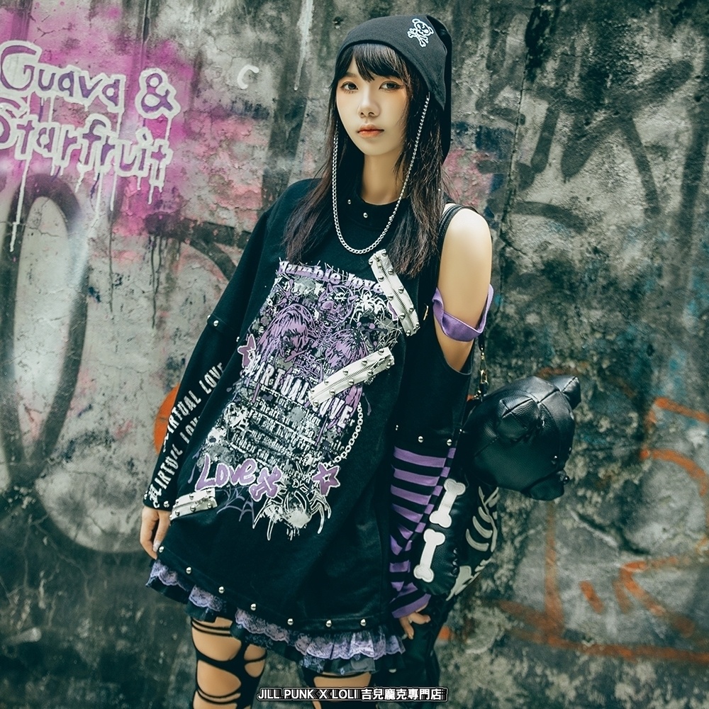 Jillpunkパンクロック ヴィジュアル系 悪魔の罠 ワンショルダー 肩出し スダッズチャック付き ボーダー柄 ゆったり 長袖Tシャツ カットソー オリジナル メンズ レディー V系 おしゃれ V系 男女兼用ファッション