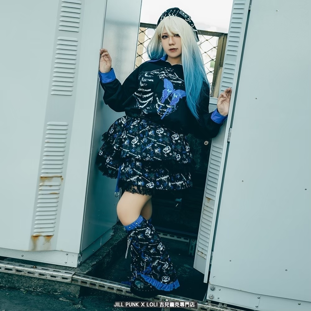 Jillpunk 派手かわ サブカル ゾンビパンダ 総柄 フリルレースヘム ふわふわ テイヤードスカート レッグウォーマーセット 原宿系 可愛いパンク 個性的 動物 おしゃれ ファッション萌え