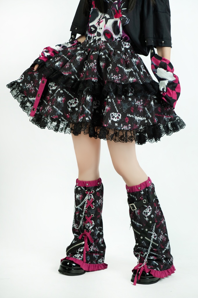 Jillpunk 派手かわ サブカル ゾンビパンダ 総柄 フリルレースヘム ふわふわ テイヤードスカート レッグウォーマーセット 原宿系 可愛いパンク 個性的 動物 おしゃれ ファッション萌え