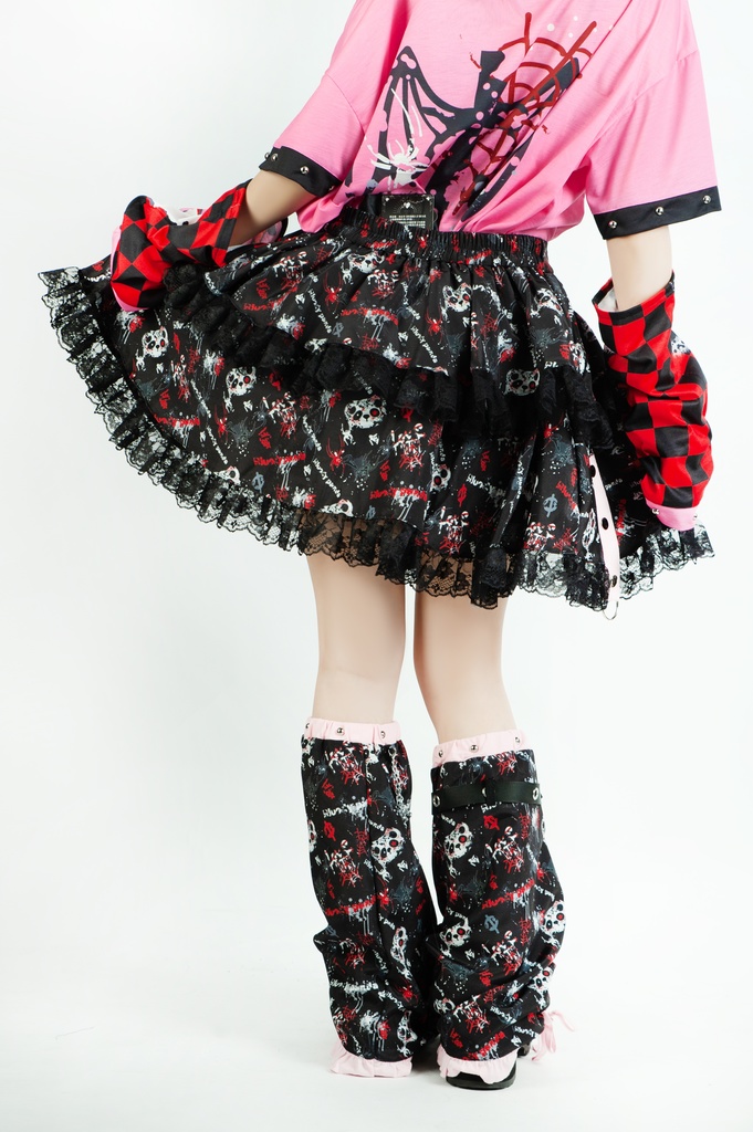 Jillpunk 派手かわ サブカル ゾンビパンダ 総柄 フリルレースヘム ふわふわ テイヤードスカート レッグウォーマーセット 原宿系 可愛いパンク 個性的 動物 おしゃれ ファッション萌え