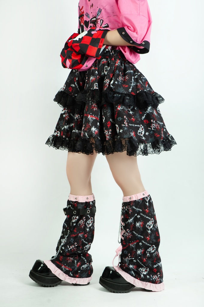 Jillpunk 派手かわ サブカル ゾンビパンダ 総柄 フリルレースヘム ふわふわ テイヤードスカート レッグウォーマーセット 原宿系 可愛いパンク 個性的 動物 おしゃれ ファッション萌え