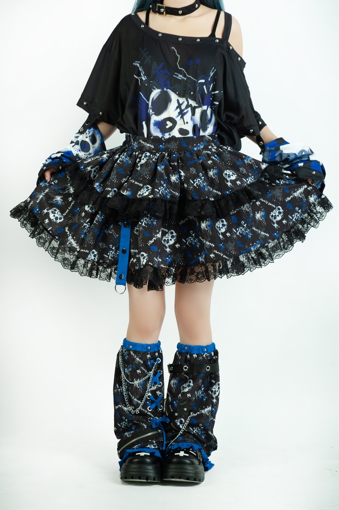 Jillpunk 派手かわ サブカル ゾンビパンダ 総柄 フリルレースヘム ふわふわ テイヤードスカート レッグウォーマーセット 原宿系 可愛いパンク 個性的 動物 おしゃれ ファッション萌え