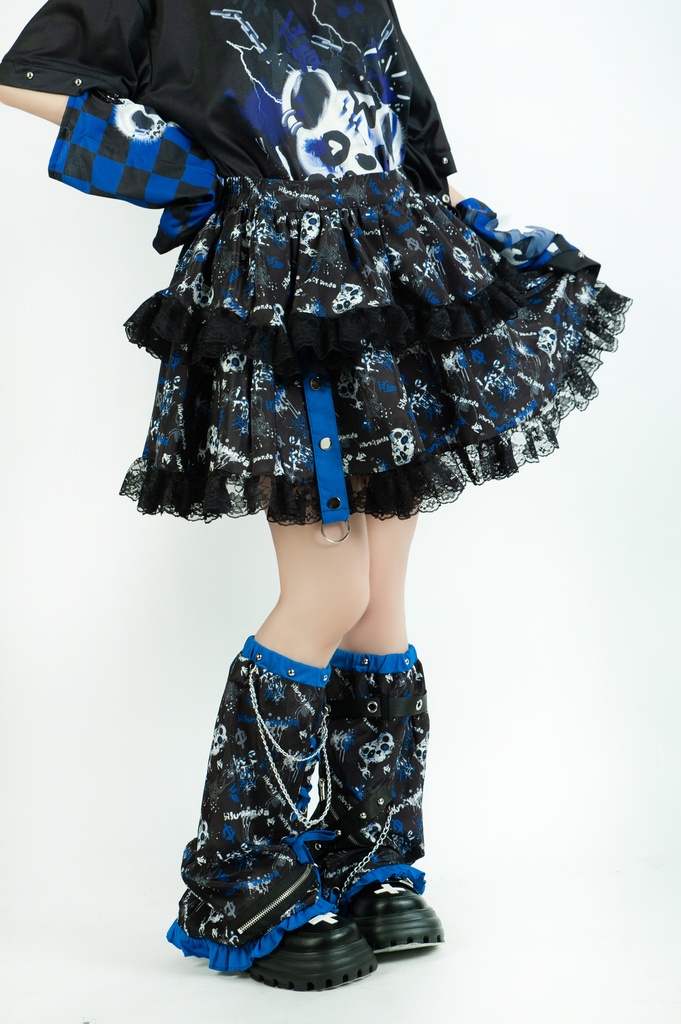 Jillpunk 派手かわ サブカル ゾンビパンダ 総柄 フリルレースヘム ふわふわ テイヤードスカート レッグウォーマーセット 原宿系 可愛いパンク 個性的 動物 おしゃれ ファッション萌え
