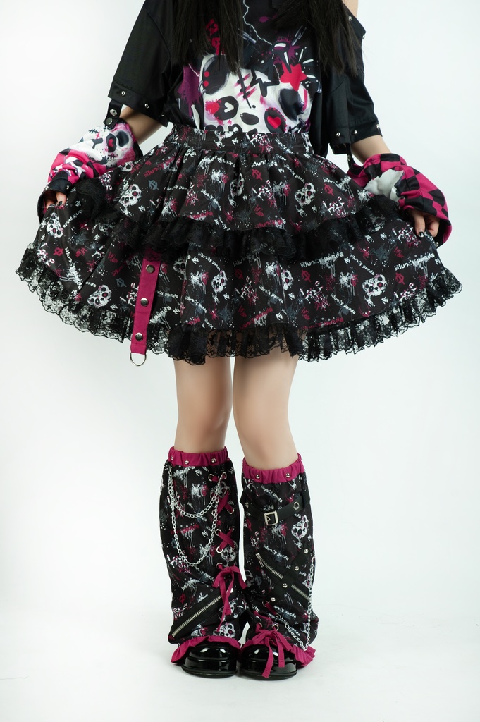 Jillpunk 派手かわ サブカル ゾンビパンダ 総柄 フリルレースヘム ふわふわ テイヤードスカート レッグウォーマーセット 原宿系 可愛いパンク 個性的 動物 おしゃれ ファッション萌え