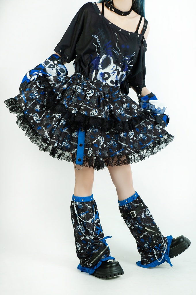 Jillpunk 派手かわ サブカル ゾンビパンダ 総柄 フリルレースヘム ふわふわ テイヤードスカート レッグウォーマーセット 原宿系 可愛いパンク 個性的 動物 おしゃれ ファッション萌え