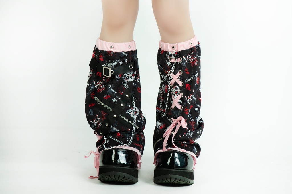 Jillpunk 派手かわ サブカル ゾンビパンダ 総柄 フリルレースヘム ふわふわ テイヤードスカート レッグウォーマーセット 原宿系 可愛いパンク 個性的 動物 おしゃれ ファッション萌え