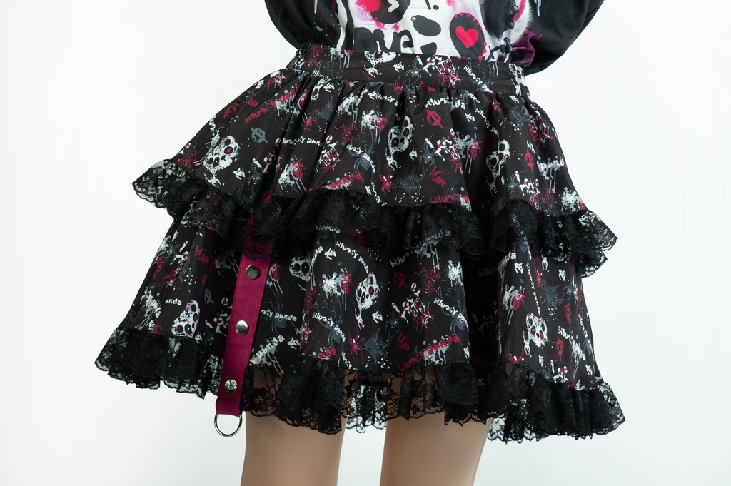Jillpunk 派手かわ サブカル ゾンビパンダ 総柄 フリルレースヘム ふわふわ テイヤードスカート レッグウォーマーセット 原宿系 可愛いパンク 個性的 動物 おしゃれ ファッション萌え