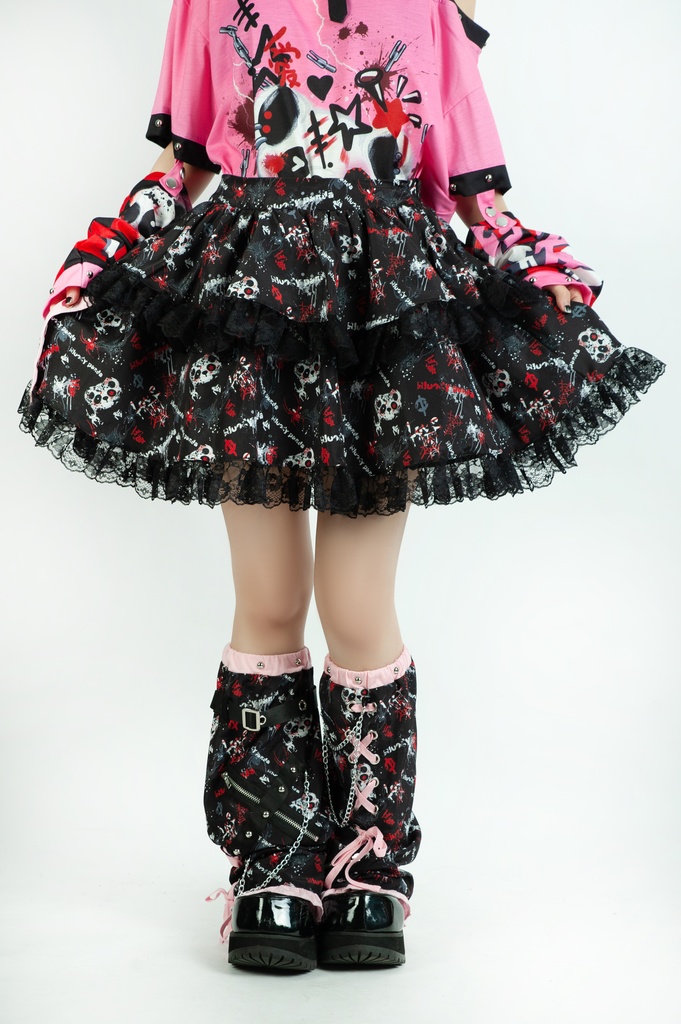 Jillpunk 派手かわ サブカル ゾンビパンダ 総柄 フリルレースヘム ふわふわ テイヤードスカート レッグウォーマーセット 原宿系 可愛いパンク 個性的 動物 おしゃれ ファッション萌え