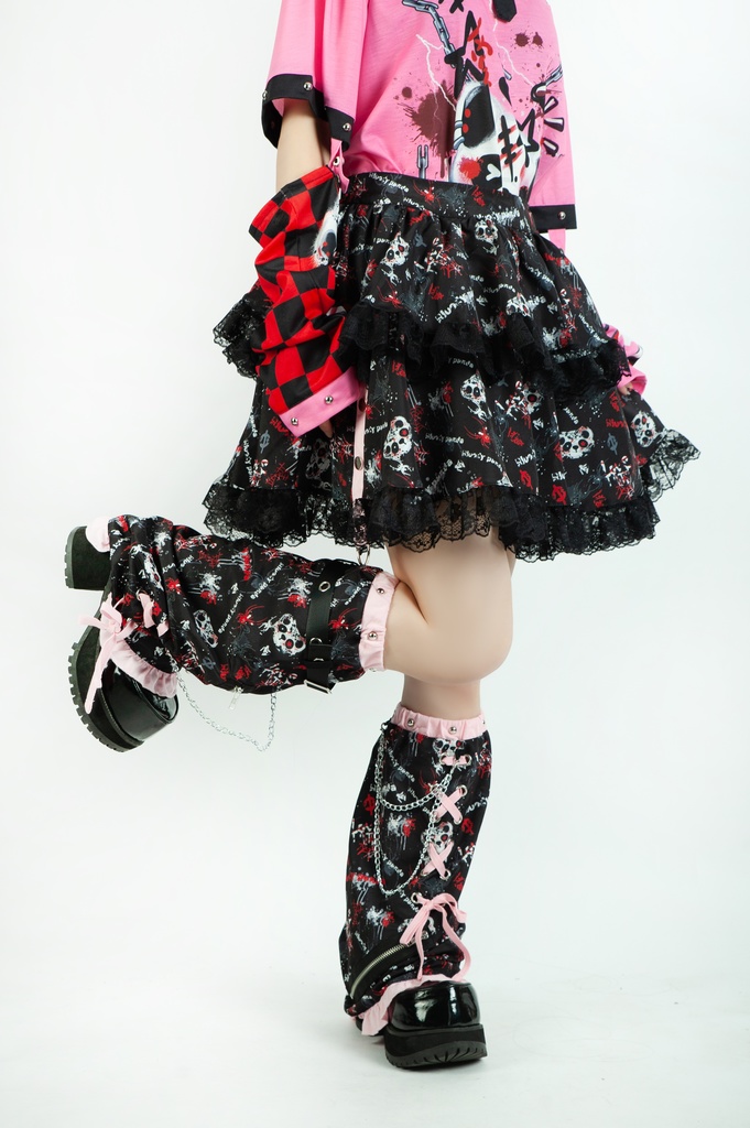 Jillpunk 派手かわ サブカル ゾンビパンダ 総柄 フリルレースヘム ふわふわ テイヤードスカート レッグウォーマーセット 原宿系 可愛いパンク 個性的 動物 おしゃれ ファッション萌え