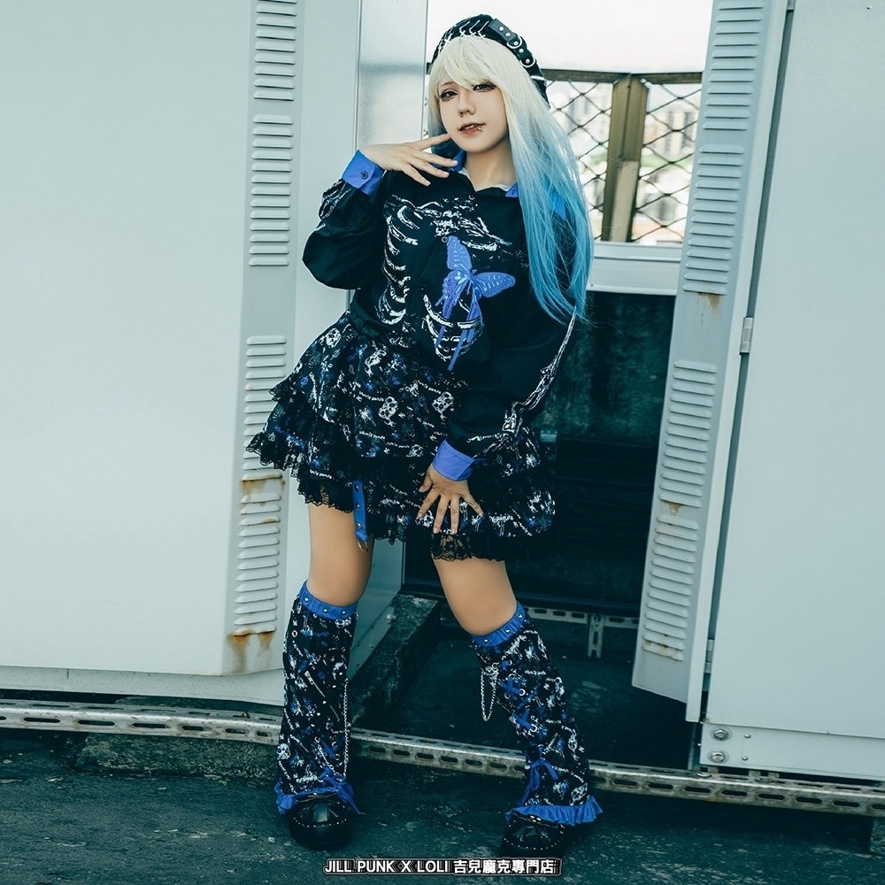 Jillpunk 派手かわ サブカル ゾンビパンダ 総柄 フリルレースヘム ふわふわ テイヤードスカート レッグウォーマーセット 原宿系 可愛いパンク 個性的 動物 おしゃれ ファッション萌え