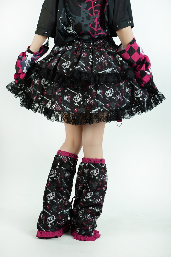 Jillpunk 派手かわ サブカル ゾンビパンダ 総柄 フリルレースヘム ふわふわ テイヤードスカート レッグウォーマーセット 原宿系 可愛いパンク 個性的 動物 おしゃれ ファッション萌え