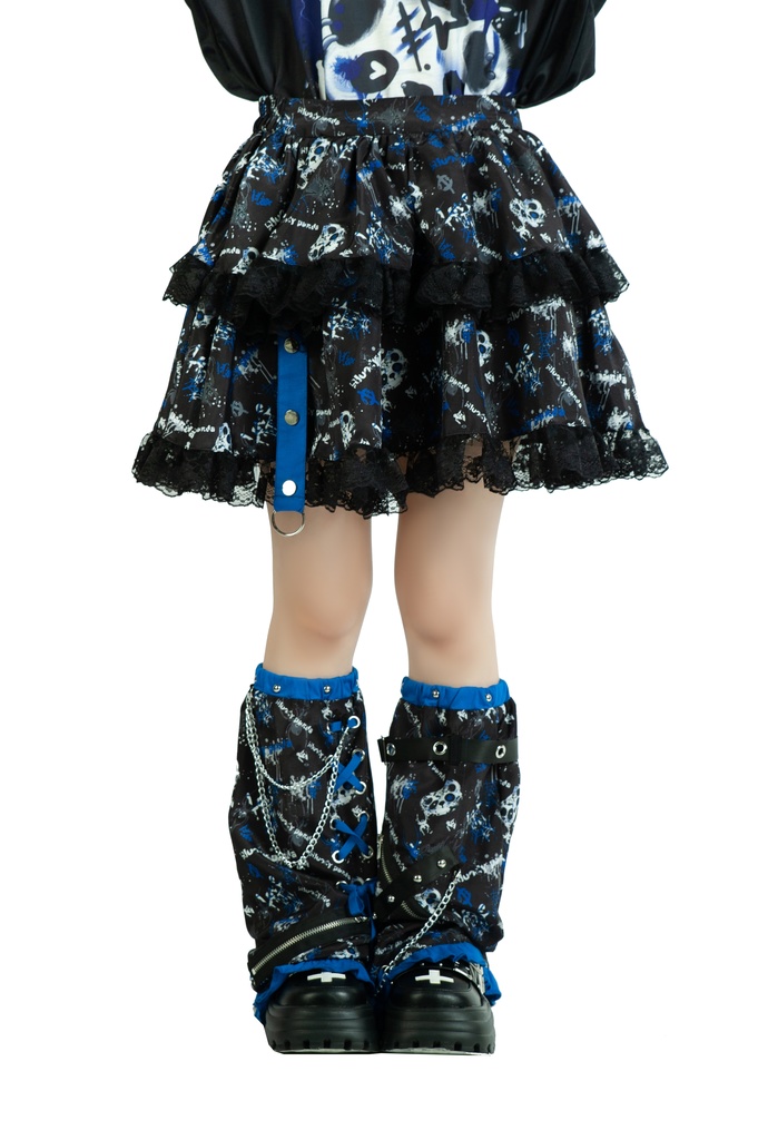 Jillpunk 派手かわ サブカル ゾンビパンダ 総柄 フリルレースヘム ふわふわ テイヤードスカート レッグウォーマーセット 原宿系 可愛いパンク 個性的 動物 おしゃれ ファッション萌え