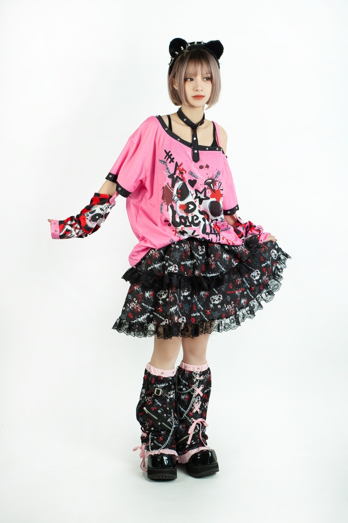Jillpunk 派手かわ サブカル ゾンビパンダ 総柄 フリルレースヘム ふわふわ テイヤードスカート レッグウォーマーセット 原宿系 可愛いパンク 個性的 動物 おしゃれ ファッション萌え