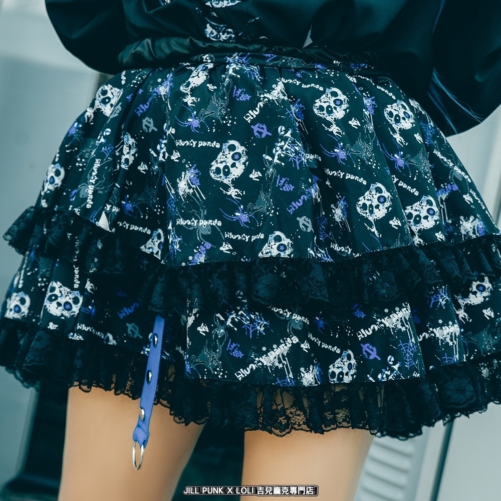 Jillpunk 派手かわ サブカル ゾンビパンダ 総柄 フリルレースヘム ふわふわ テイヤードスカート レッグウォーマーセット 原宿系 可愛いパンク 個性的 動物 おしゃれ ファッション萌え