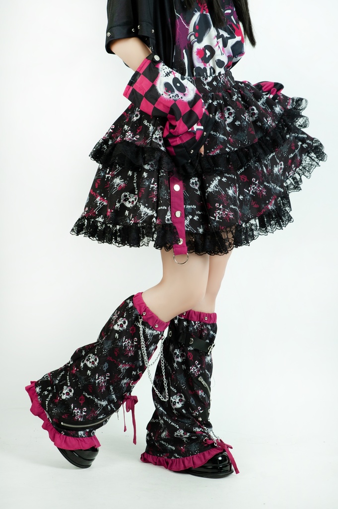 Jillpunk 派手かわ サブカル ゾンビパンダ 総柄 フリルレースヘム ふわふわ テイヤードスカート レッグウォーマーセット 原宿系 可愛いパンク 個性的 動物 おしゃれ ファッション萌え