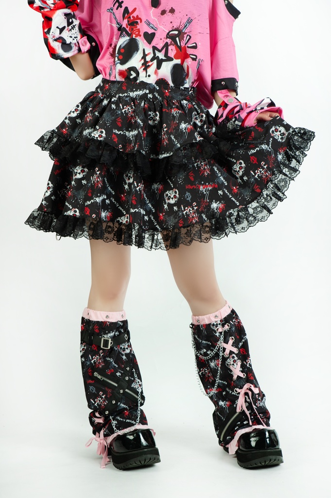 Jillpunk 派手かわ サブカル ゾンビパンダ 総柄 フリルレースヘム ふわふわ テイヤードスカート レッグウォーマーセット 原宿系 可愛いパンク 個性的 動物 おしゃれ ファッション萌え