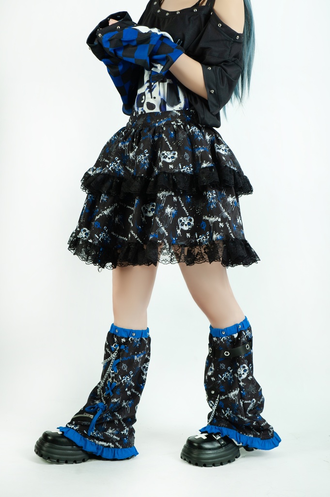 Jillpunk 派手かわ サブカル ゾンビパンダ 総柄 フリルレースヘム ふわふわ テイヤードスカート レッグウォーマーセット 原宿系 可愛いパンク 個性的 動物 おしゃれ ファッション萌え