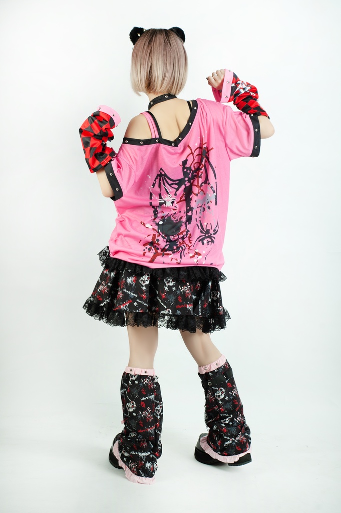 Jillpunk 派手かわ サブカル ゾンビパンダ 総柄 フリルレースヘム ふわふわ テイヤードスカート レッグウォーマーセット 原宿系 可愛いパンク 個性的 動物 おしゃれ ファッション萌え