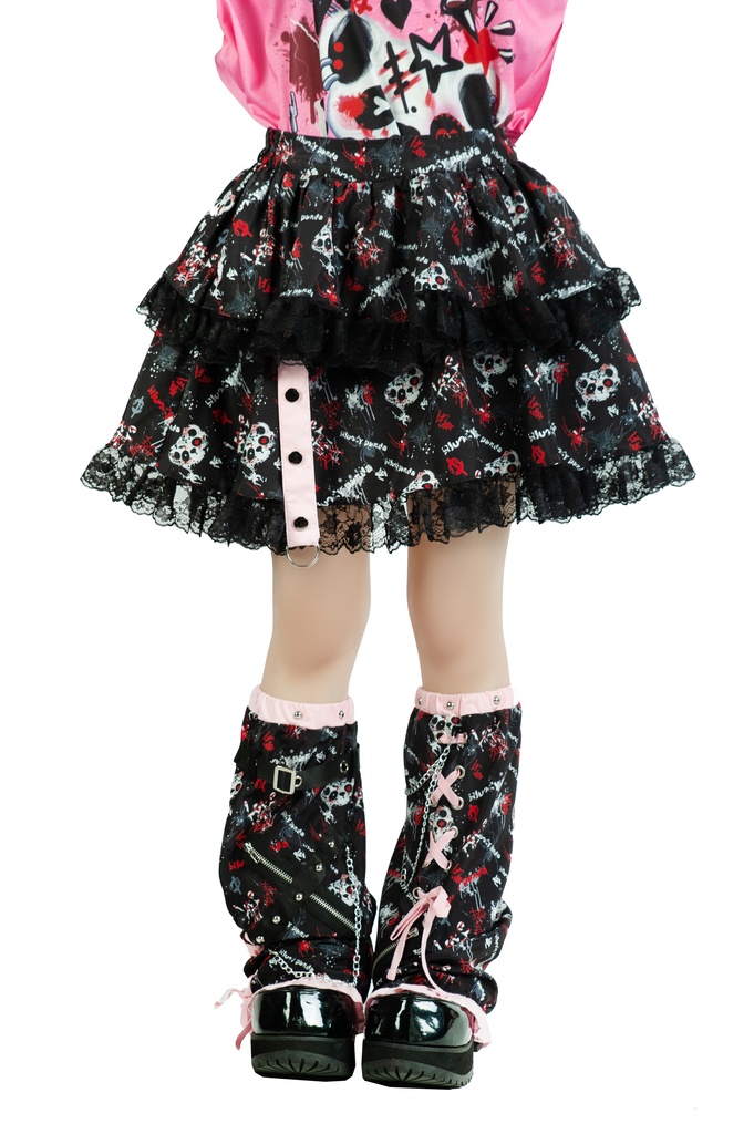 Jillpunk 派手かわ サブカル ゾンビパンダ 総柄 フリルレースヘム ふわふわ テイヤードスカート レッグウォーマーセット 原宿系 可愛いパンク 個性的 動物 おしゃれ ファッション萌え