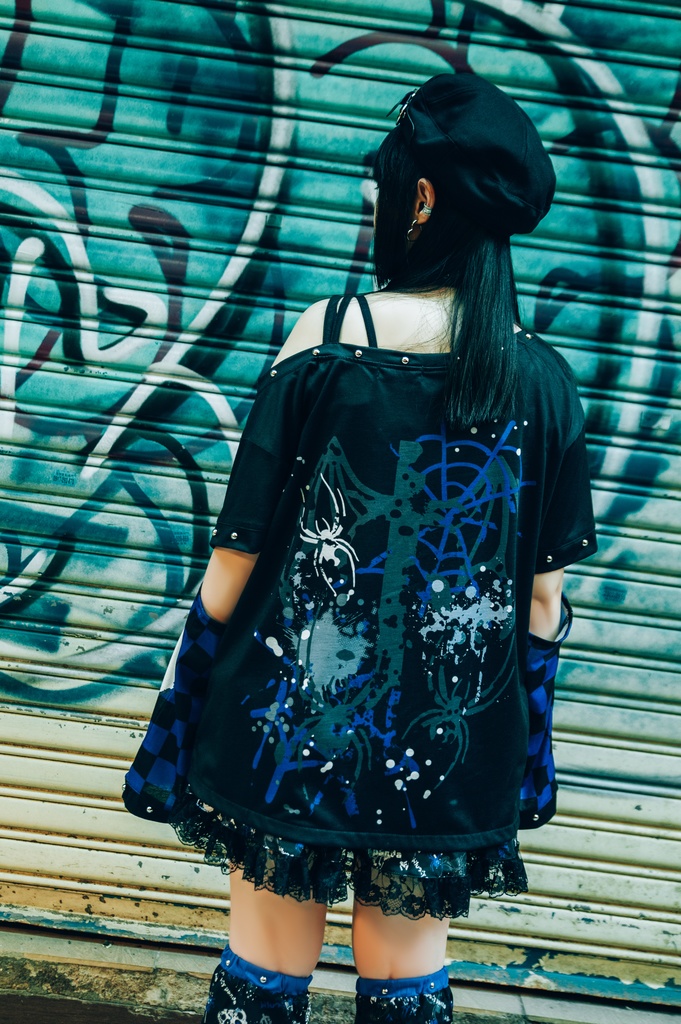 Jillpunk 派手かわ サブカル ゾンビパンダ ペイント柄 ワンショルダー 肩出し スダッズチョーカー アームカバー付き ゆったり 半袖Tシャツ カットソー 原宿系 可愛いパンク 個性的 動物 おしゃれ ファッション萌え