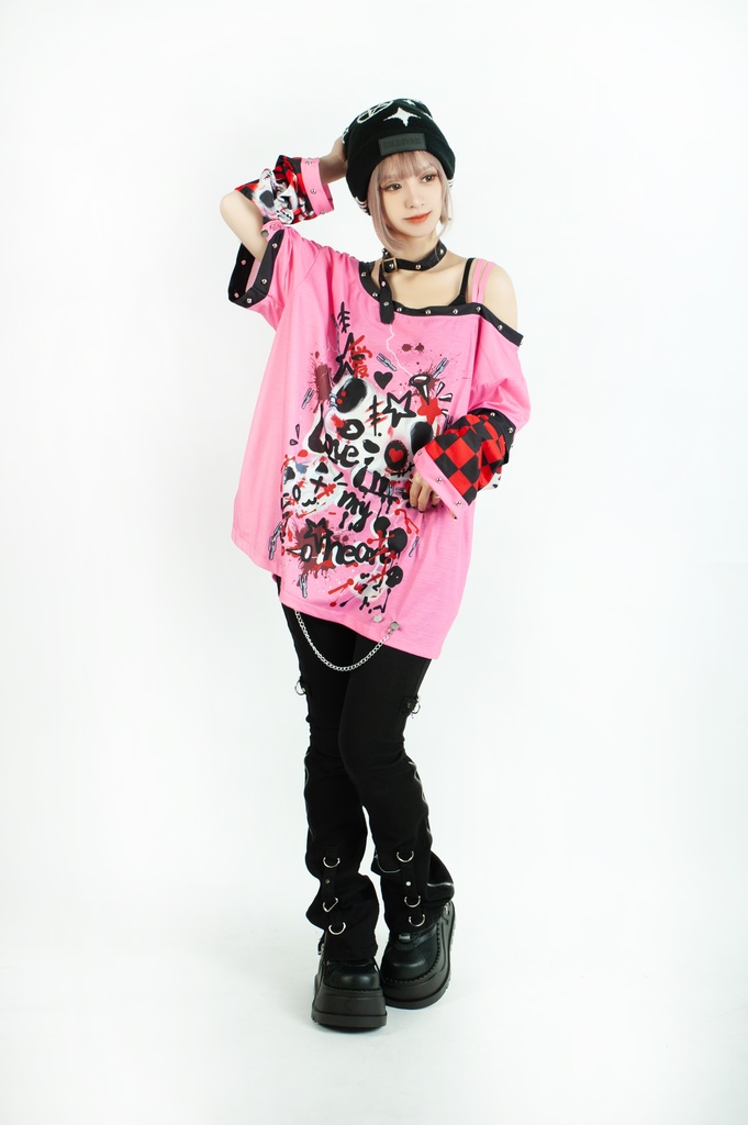 Jillpunk 派手かわ サブカル ゾンビパンダ ペイント柄 ワンショルダー 肩出し スダッズチョーカー アームカバー付き ゆったり 半袖Tシャツ カットソー 原宿系 可愛いパンク 個性的 動物 おしゃれ ファッション萌え