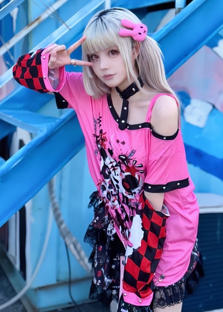 Jillpunk 派手かわ サブカル ゾンビパンダ ペイント柄 ワンショルダー 肩出し スダッズチョーカー アームカバー付き ゆったり 半袖Tシャツ カットソー 原宿系 可愛いパンク 個性的 動物 おしゃれ ファッション萌え