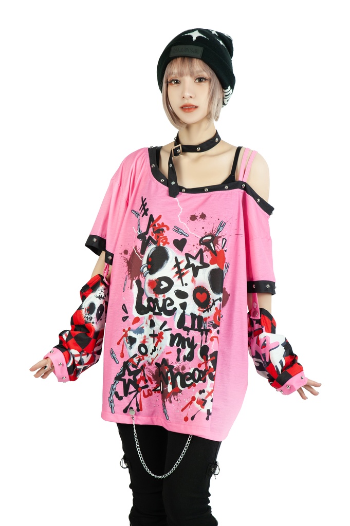 Jillpunk 派手かわ サブカル ゾンビパンダ ペイント柄 ワンショルダー 肩出し スダッズチョーカー アームカバー付き ゆったり 半袖Tシャツ カットソー 原宿系 可愛いパンク 個性的 動物 おしゃれ ファッション萌え