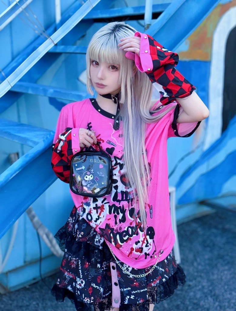 Jillpunk 派手かわ サブカル ゾンビパンダ ペイント柄 ワンショルダー 肩出し スダッズチョーカー アームカバー付き ゆったり 半袖Tシャツ カットソー 原宿系 可愛いパンク 個性的 動物 おしゃれ ファッション萌え