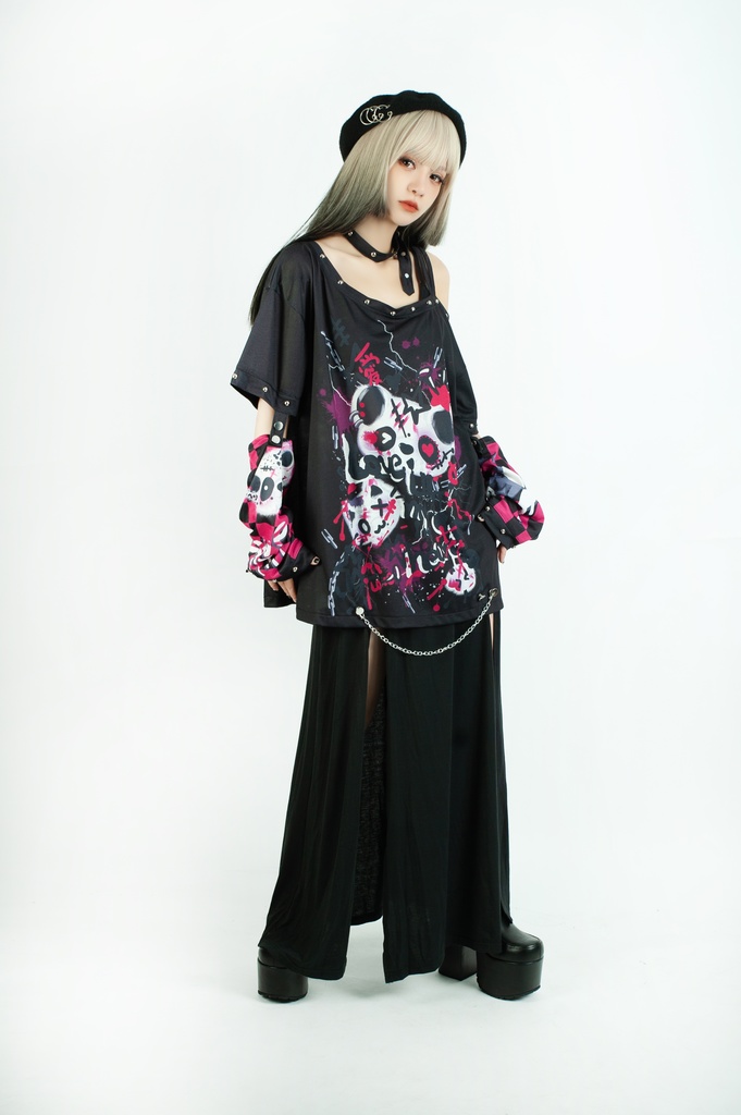 Jillpunk 派手かわ サブカル ゾンビパンダ ペイント柄 ワンショルダー 肩出し スダッズチョーカー アームカバー付き ゆったり 半袖Tシャツ カットソー 原宿系 可愛いパンク 個性的 動物 おしゃれ ファッション萌え