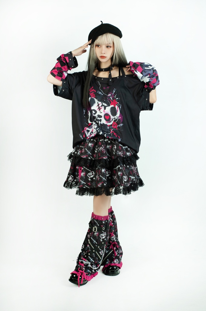 Jillpunk 派手かわ サブカル ゾンビパンダ ペイント柄 ワンショルダー 肩出し スダッズチョーカー アームカバー付き ゆったり 半袖Tシャツ カットソー 原宿系 可愛いパンク 個性的 動物 おしゃれ ファッション萌え