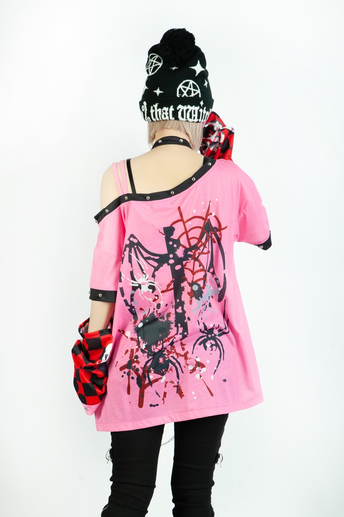 Jillpunk 派手かわ サブカル ゾンビパンダ ペイント柄 ワンショルダー 肩出し スダッズチョーカー アームカバー付き ゆったり 半袖Tシャツ カットソー 原宿系 可愛いパンク 個性的 動物 おしゃれ ファッション萌え