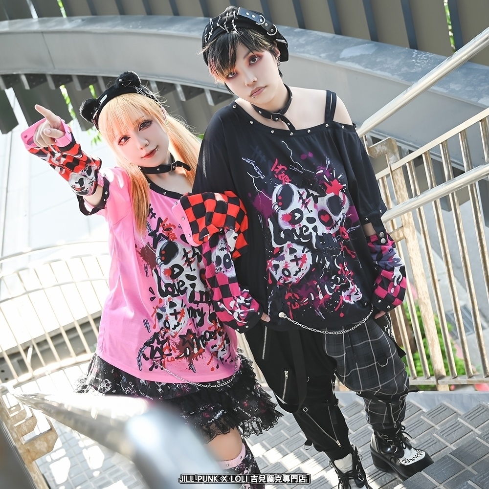 Jillpunk 派手かわ サブカル ゾンビパンダ ペイント柄 ワンショルダー 肩出し スダッズチョーカー アームカバー付き ゆったり 半袖Tシャツ カットソー 原宿系 可愛いパンク 個性的 動物 おしゃれ ファッション萌え