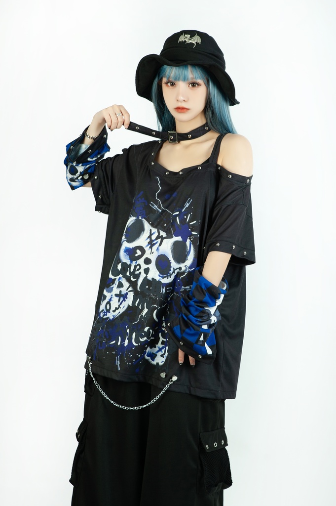 Jillpunk 派手かわ サブカル ゾンビパンダ ペイント柄 ワンショルダー 肩出し スダッズチョーカー アームカバー付き ゆったり 半袖Tシャツ カットソー 原宿系 可愛いパンク 個性的 動物 おしゃれ ファッション萌え