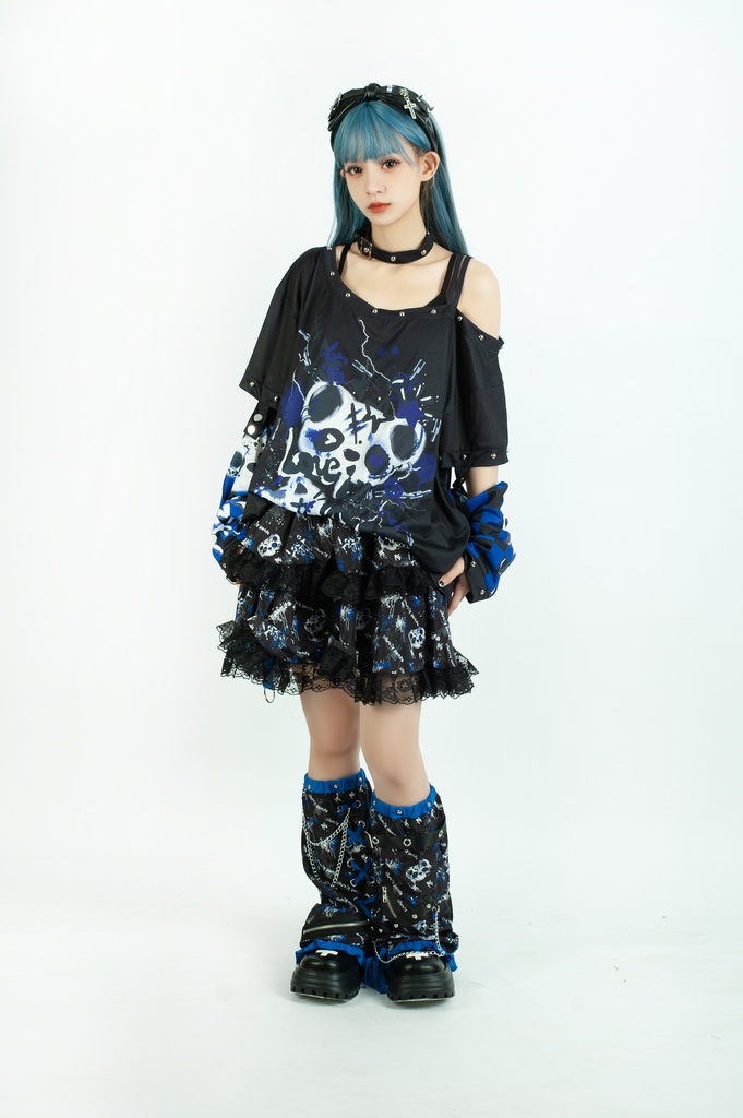 Jillpunk 派手かわ サブカル ゾンビパンダ ペイント柄 ワンショルダー 肩出し スダッズチョーカー アームカバー付き ゆったり 半袖Tシャツ カットソー 原宿系 可愛いパンク 個性的 動物 おしゃれ ファッション萌え