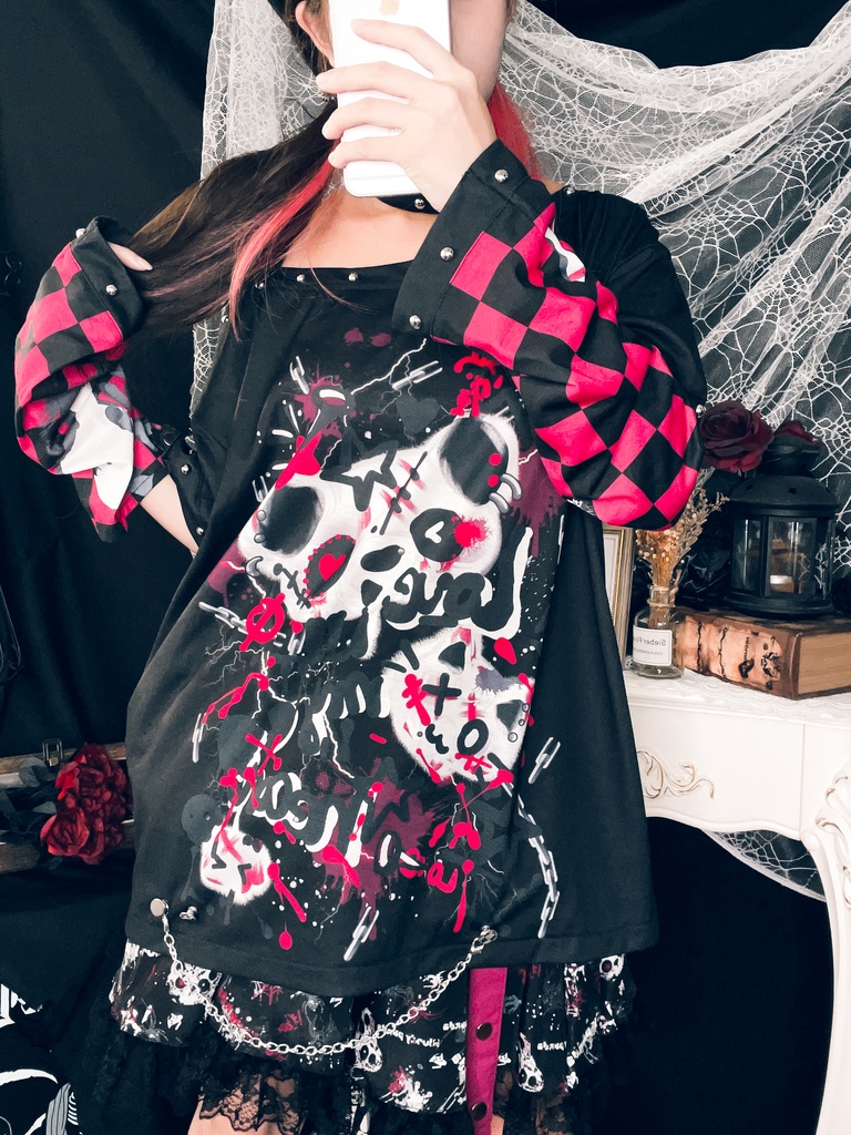 Jillpunk 派手かわ サブカル ゾンビパンダ ペイント柄 ワンショルダー 肩出し スダッズチョーカー アームカバー付き ゆったり 半袖Tシャツ カットソー 原宿系 可愛いパンク 個性的 動物 おしゃれ ファッション萌え