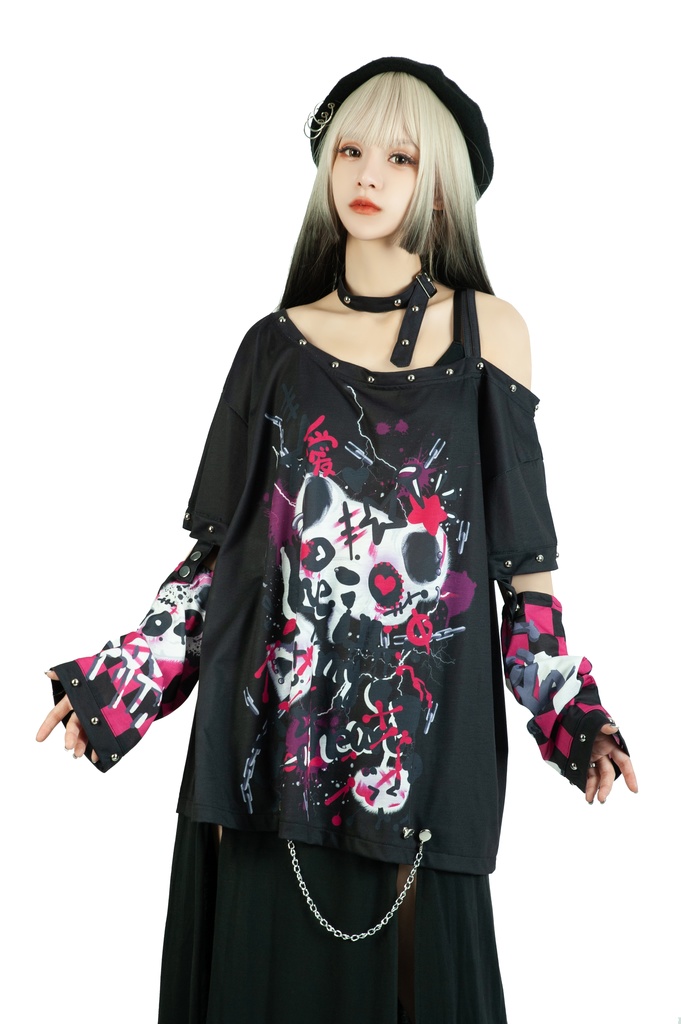 Jillpunk 派手かわ サブカル ゾンビパンダ ペイント柄 ワンショルダー 肩出し スダッズチョーカー アームカバー付き ゆったり 半袖Tシャツ カットソー 原宿系 可愛いパンク 個性的 動物 おしゃれ ファッション萌え