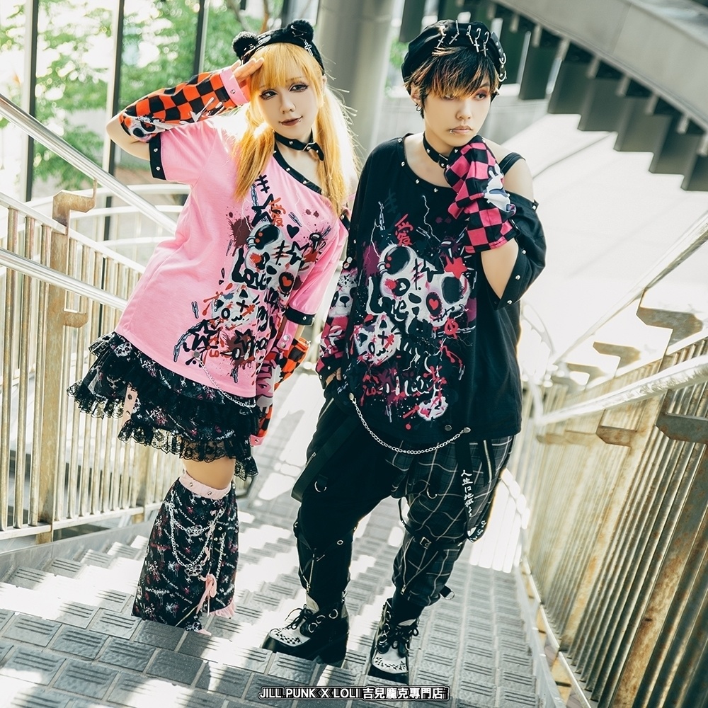 Jillpunk 派手かわ サブカル ゾンビパンダ ペイント柄 ワンショルダー 肩出し スダッズチョーカー アームカバー付き ゆったり 半袖Tシャツ カットソー 原宿系 可愛いパンク 個性的 動物 おしゃれ ファッション萌え