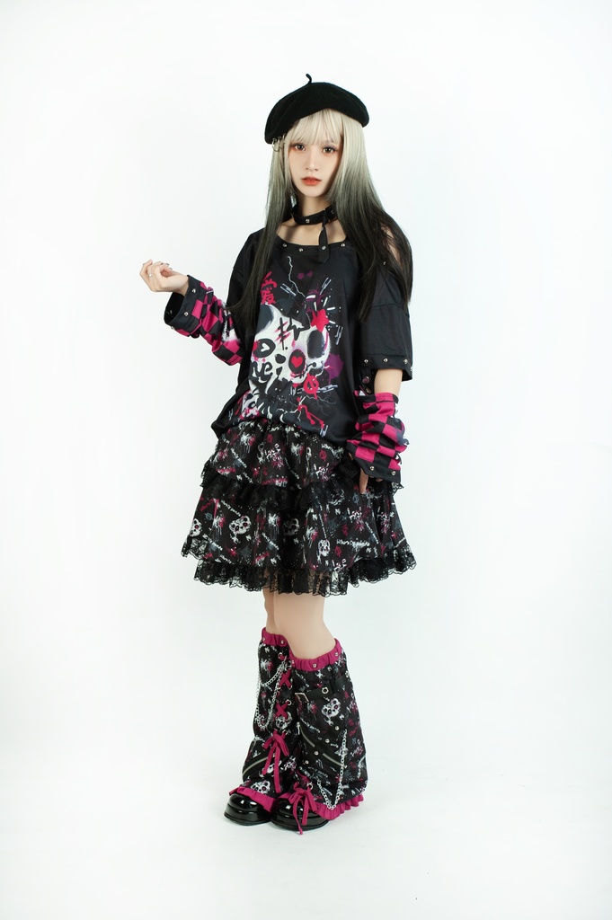 Jillpunk 派手かわ サブカル ゾンビパンダ ペイント柄 ワンショルダー 肩出し スダッズチョーカー アームカバー付き ゆったり 半袖Tシャツ カットソー 原宿系 可愛いパンク 個性的 動物 おしゃれ ファッション萌え