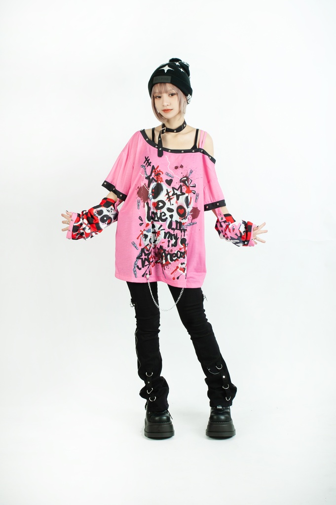 Jillpunk 派手かわ サブカル ゾンビパンダ ペイント柄 ワンショルダー 肩出し スダッズチョーカー アームカバー付き ゆったり 半袖Tシャツ カットソー 原宿系 可愛いパンク 個性的 動物 おしゃれ ファッション萌え