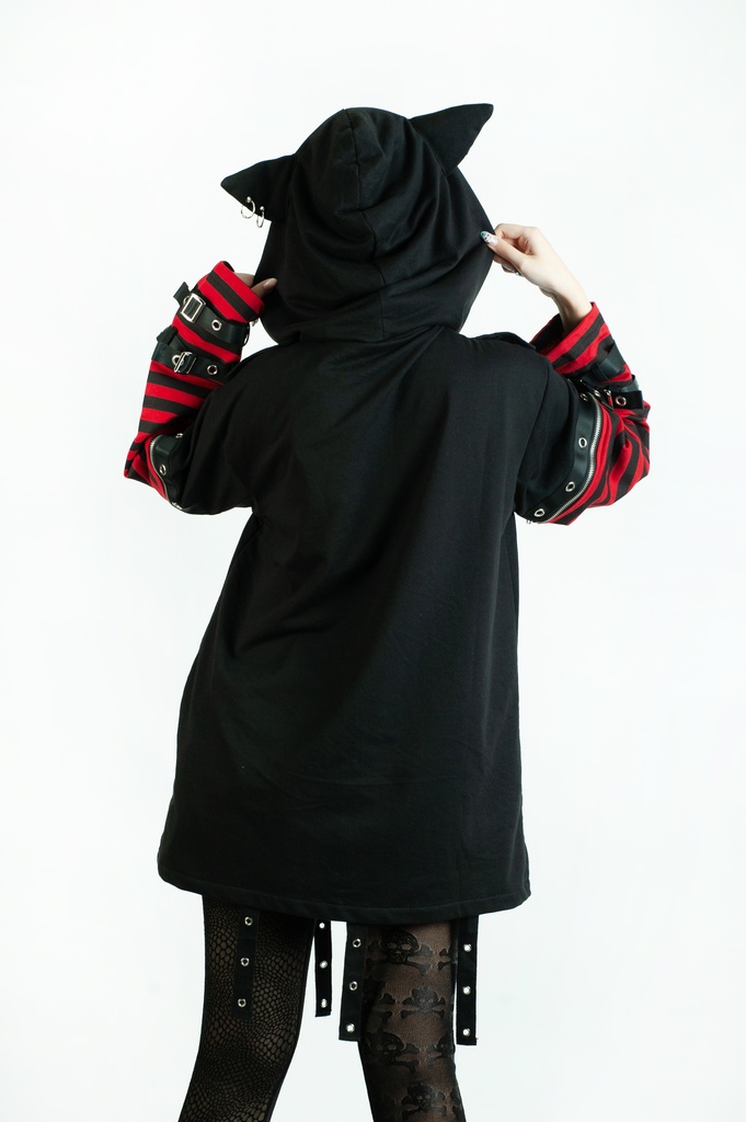 Jillpunk 可愛いパンク ねこ系 ハデスキャット ボーダー柄 クロス鎖チェーン付き 袖取り外し チャック ゆったり 半袖 猫耳パーカー オリジナル メンズ レディーズ おしゃれ男女兼用 原宿 秋葉系 ファッション カッコいい