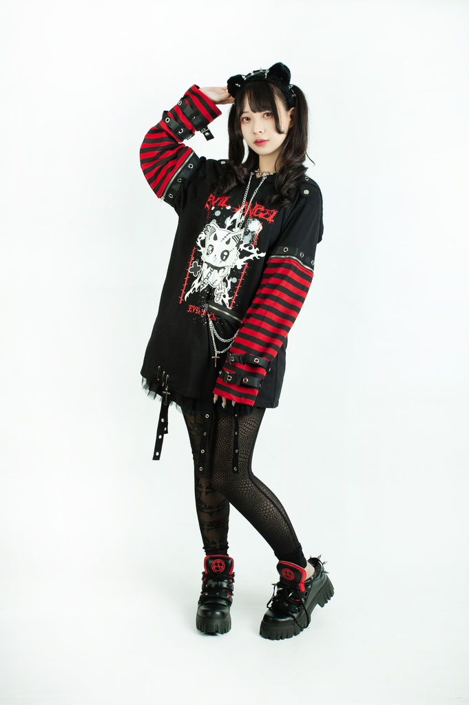 Jillpunk 可愛いパンク ねこ系 ハデスキャット ボーダー柄 クロス鎖チェーン付き 袖取り外し チャック ゆったり 半袖 猫耳パーカー オリジナル メンズ レディーズ おしゃれ男女兼用 原宿 秋葉系 ファッション カッコいい